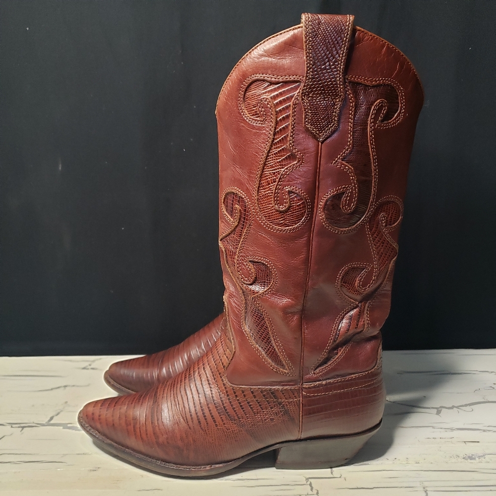 Nine West 'Romnee' Lizard Print Cowgirl Boots in Cognac - 3 Youth/ Women's 5